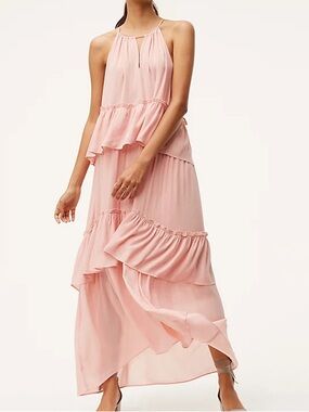 LOFT Tiered Halter Maxi Dress Soft Blush Pink Ruffle Size S Great Condition